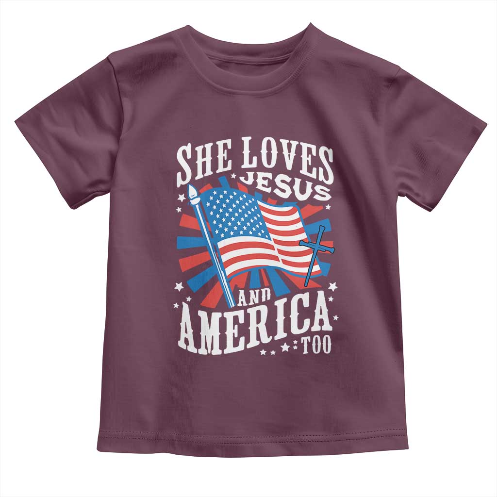 Funny She Loves Jesus And America Too Toddler T Shirt 4th Of July Patriotic Christian American Flag TS11 Maroon Print Your Wear