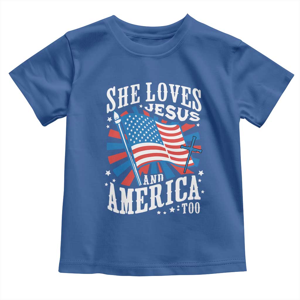 Funny She Loves Jesus And America Too Toddler T Shirt 4th Of July Patriotic Christian American Flag TS11 Royal Blue Print Your Wear