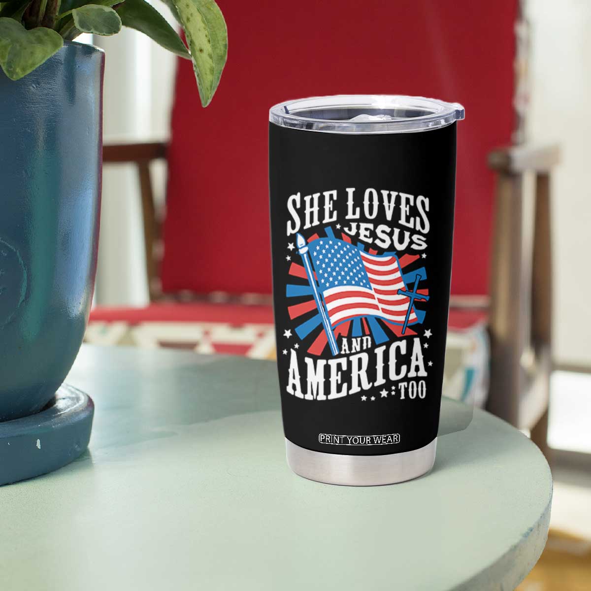 Funny She Loves Jesus And America Too Tumbler Cup 4th Of July Patriotic Christian American Flag TS11 Print Your Wear