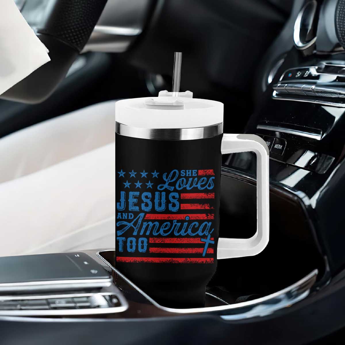 Funny She Loves Jesus And America Too Tumbler With Handle 4th Of July Christian American Flag TS11 Print Your Wear