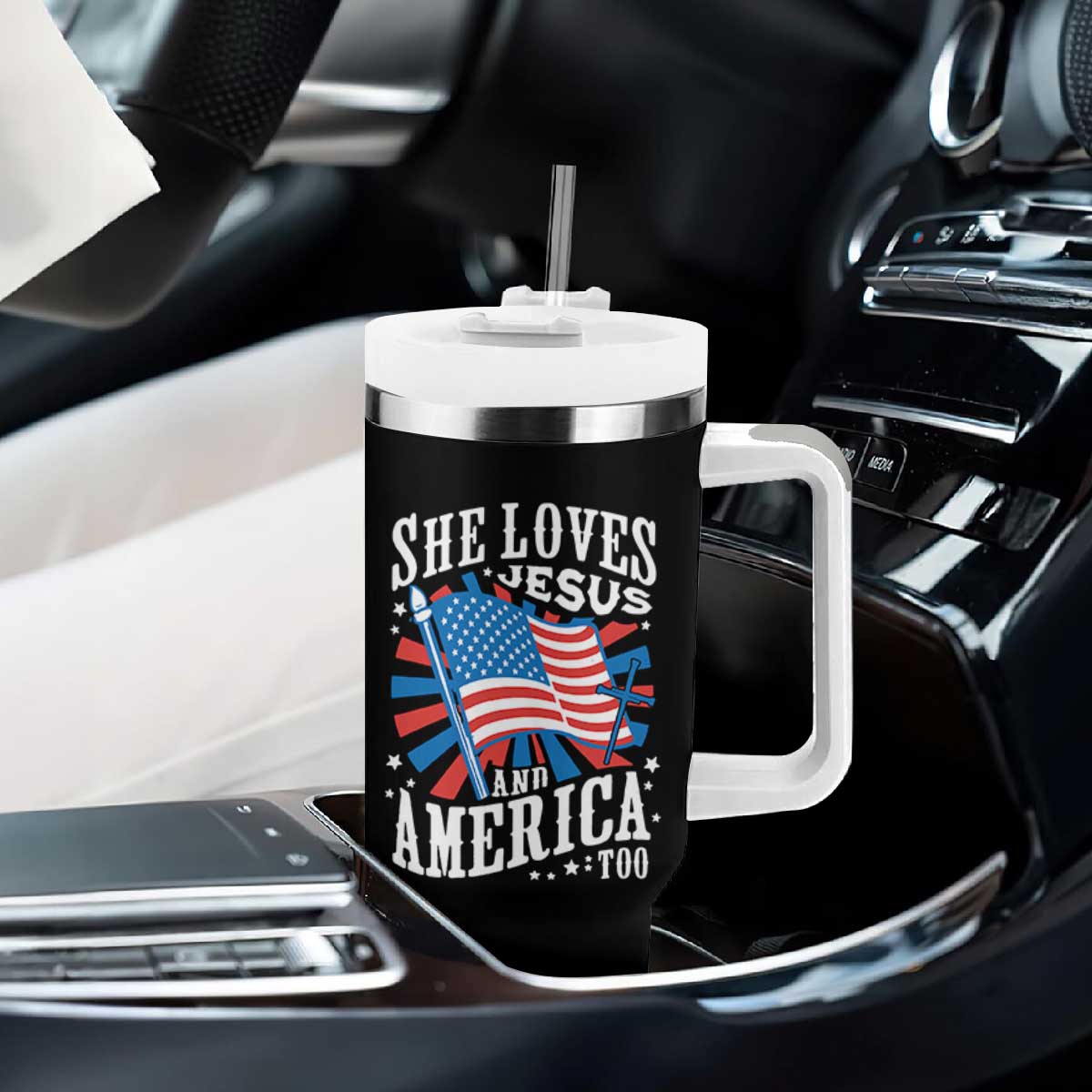 Funny She Loves Jesus And America Too Tumbler With Handle 4th Of July Patriotic Christian American Flag TS11 Print Your Wear