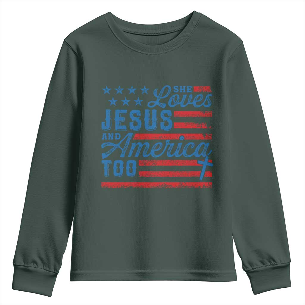Funny She Loves Jesus And America Too Youth Sweatshirt 4th Of July Christian American Flag TS11 Dark Forest Green Print Your Wear