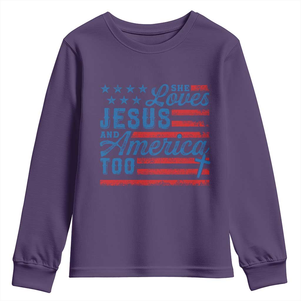 Funny She Loves Jesus And America Too Youth Sweatshirt 4th Of July Christian American Flag TS11 Purple Print Your Wear
