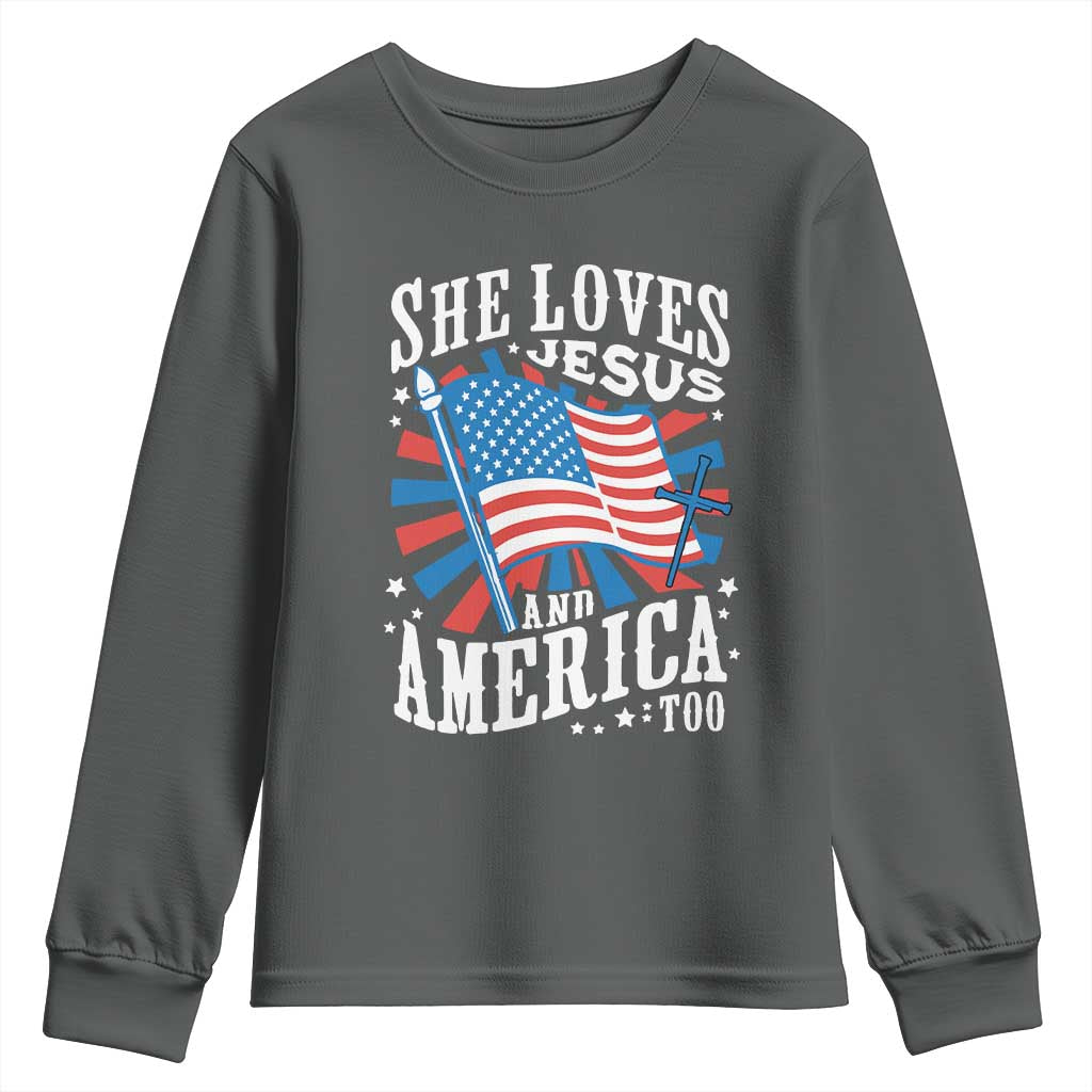 Funny She Loves Jesus And America Too Youth Sweatshirt 4th Of July Patriotic Christian American Flag TS11 Dark Heather Print Your Wear