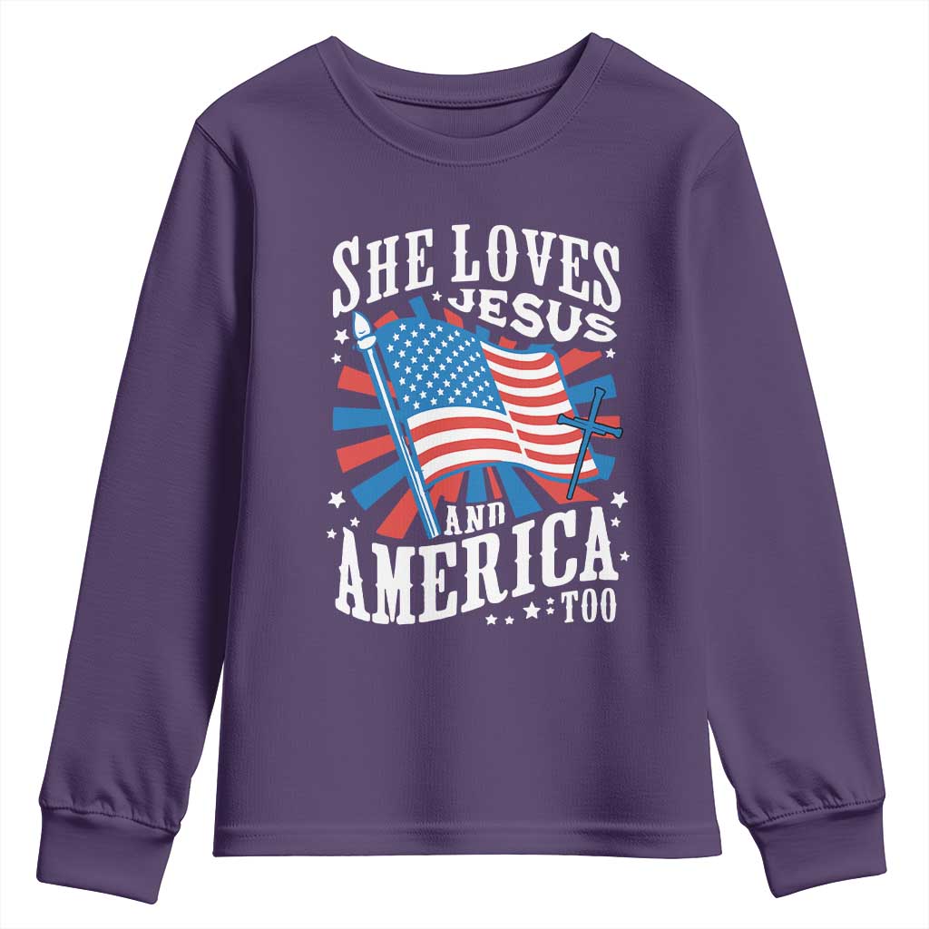 Funny She Loves Jesus And America Too Youth Sweatshirt 4th Of July Patriotic Christian American Flag TS11 Purple Print Your Wear