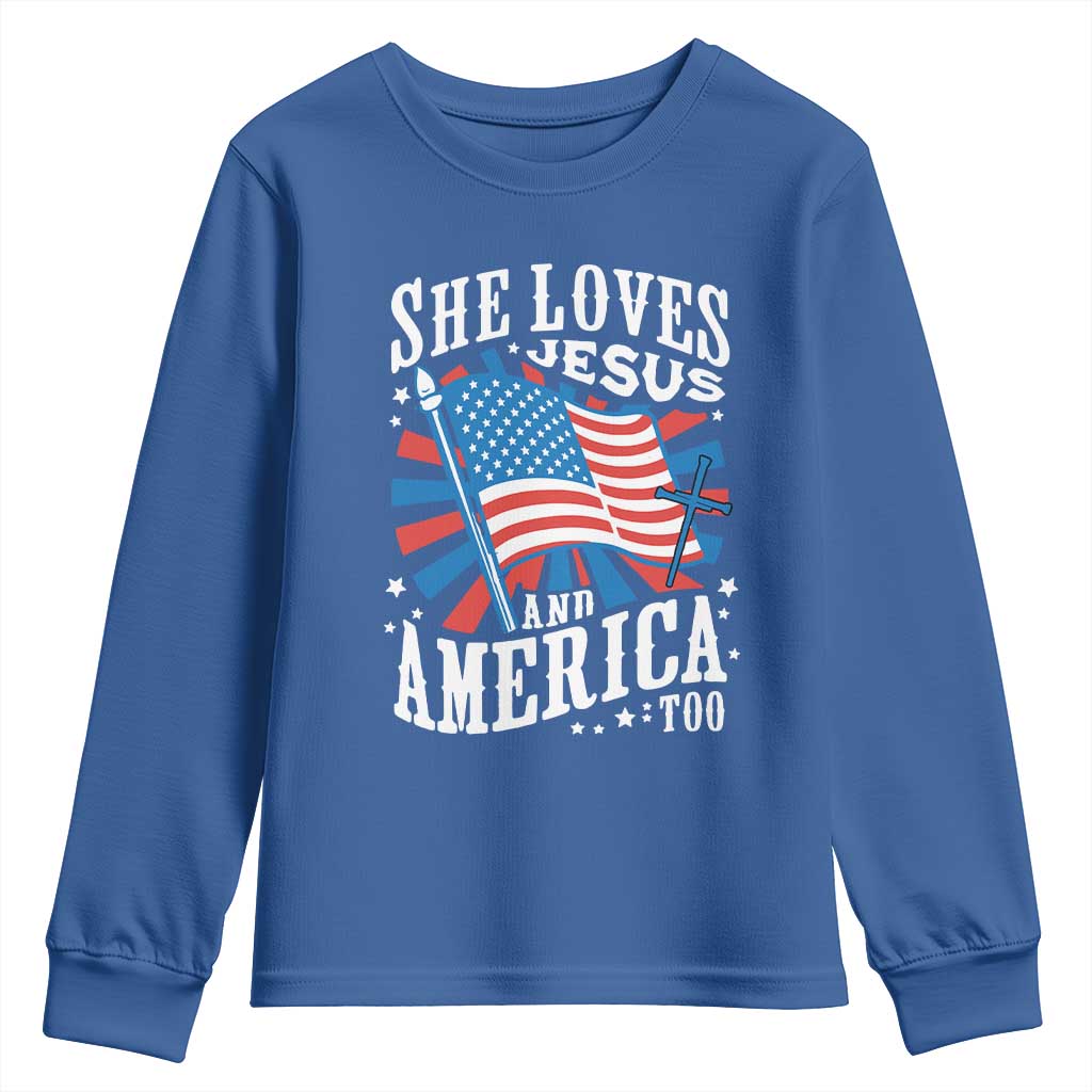 Funny She Loves Jesus And America Too Youth Sweatshirt 4th Of July Patriotic Christian American Flag TS11 Royal Blue Print Your Wear