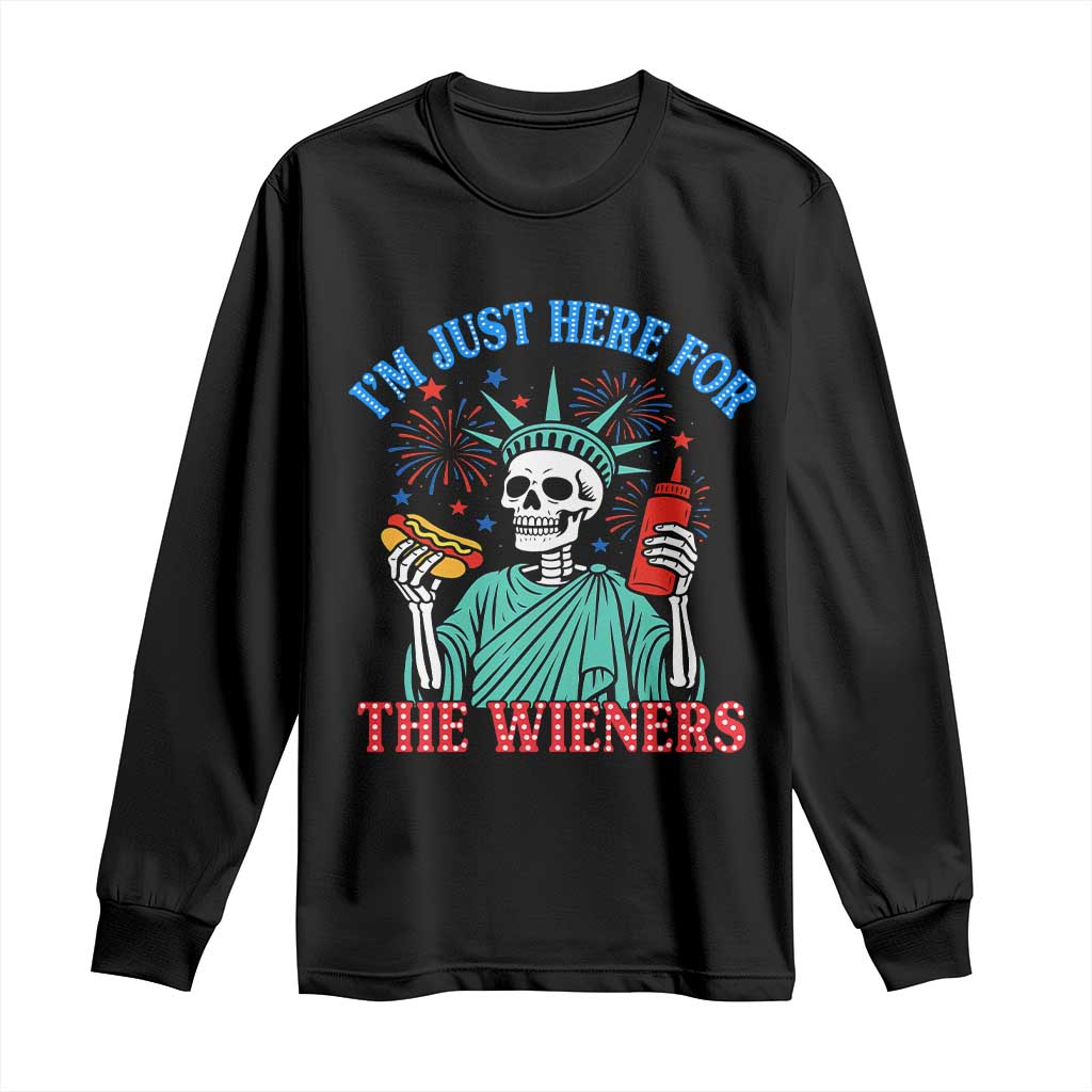 Funny Skeleton Lady Liberty Long Sleeve Shirt I'm Just Here For The Wieners 4th Of July Hot Dog TS02 Black Print Your Wear
