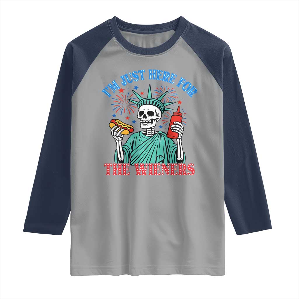 Funny Skeleton Lady Liberty Raglan Shirt I'm Just Here For The Wieners 4th Of July Hot Dog TS02 Sport Gray Navy Print Your Wear