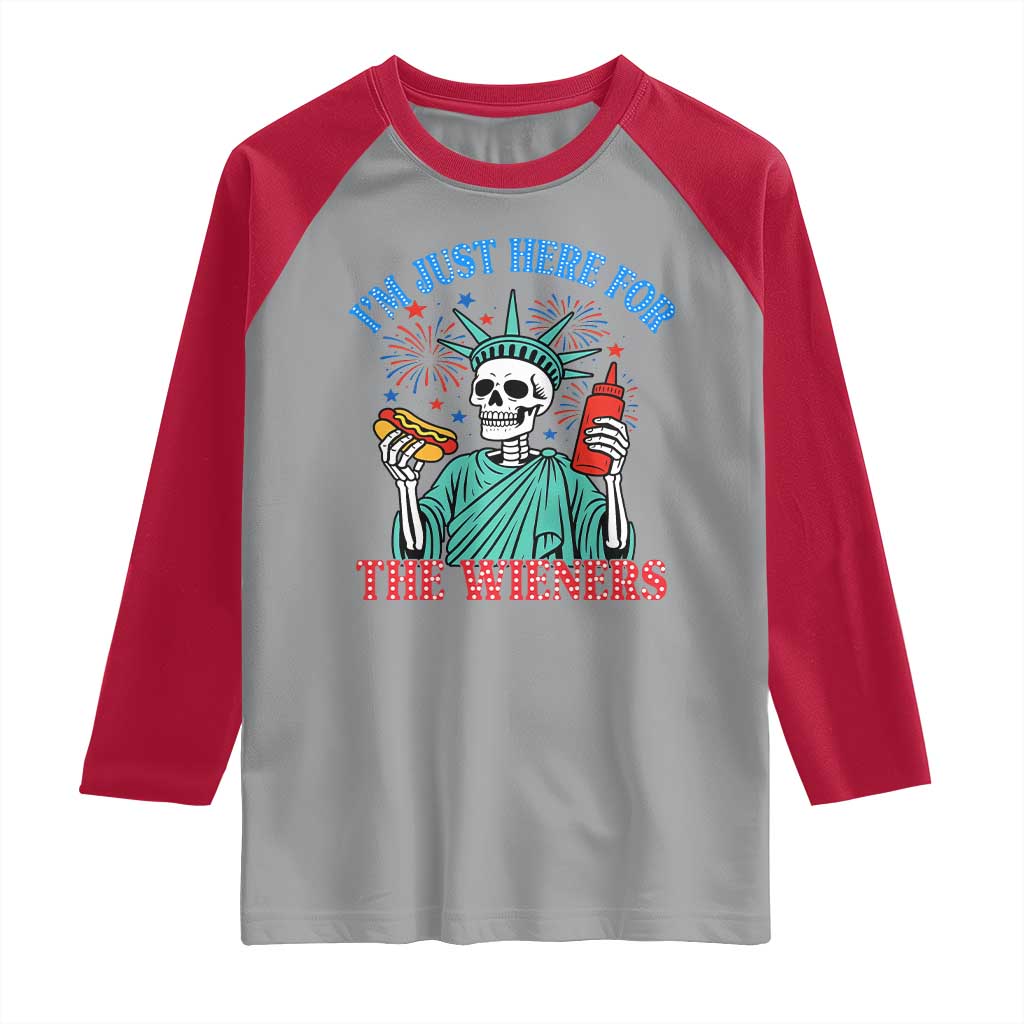 Funny Skeleton Lady Liberty Raglan Shirt I'm Just Here For The Wieners 4th Of July Hot Dog TS02 Sport Gray Red Print Your Wear