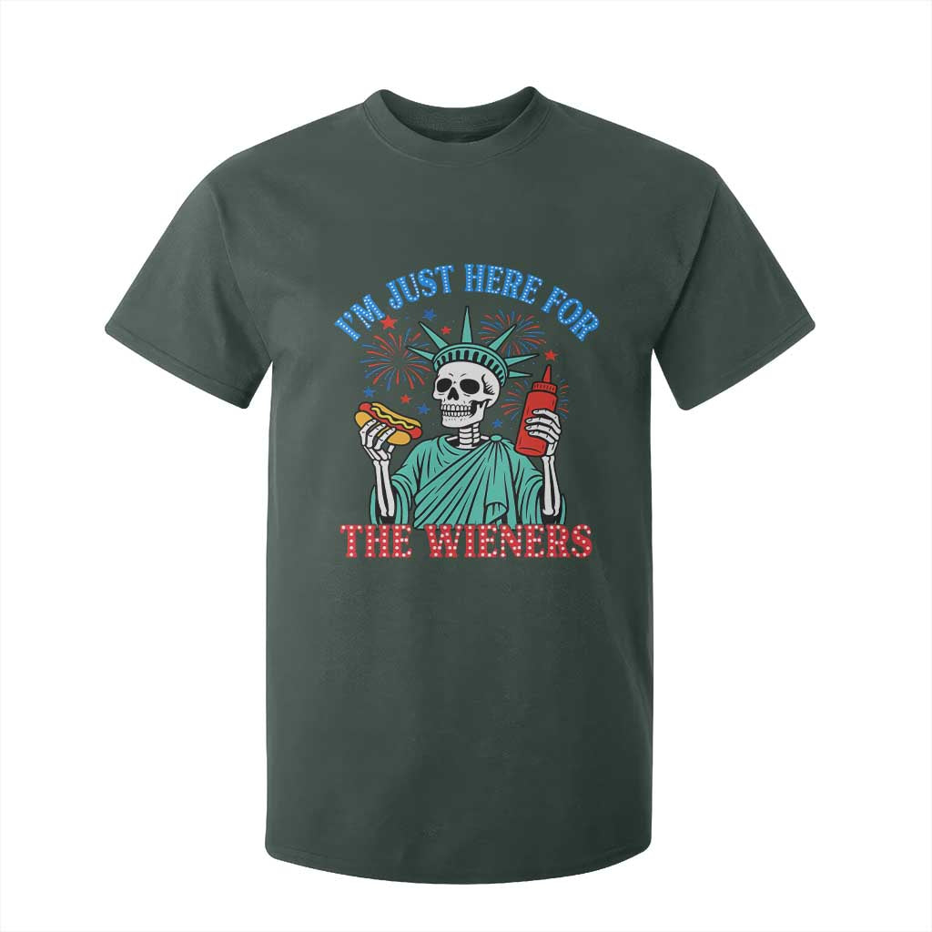 Funny Skeleton Lady Liberty T Shirt For Kid I'm Just Here For The Wieners 4th Of July Hot Dog TS02 Dark Forest Green Print Your Wear