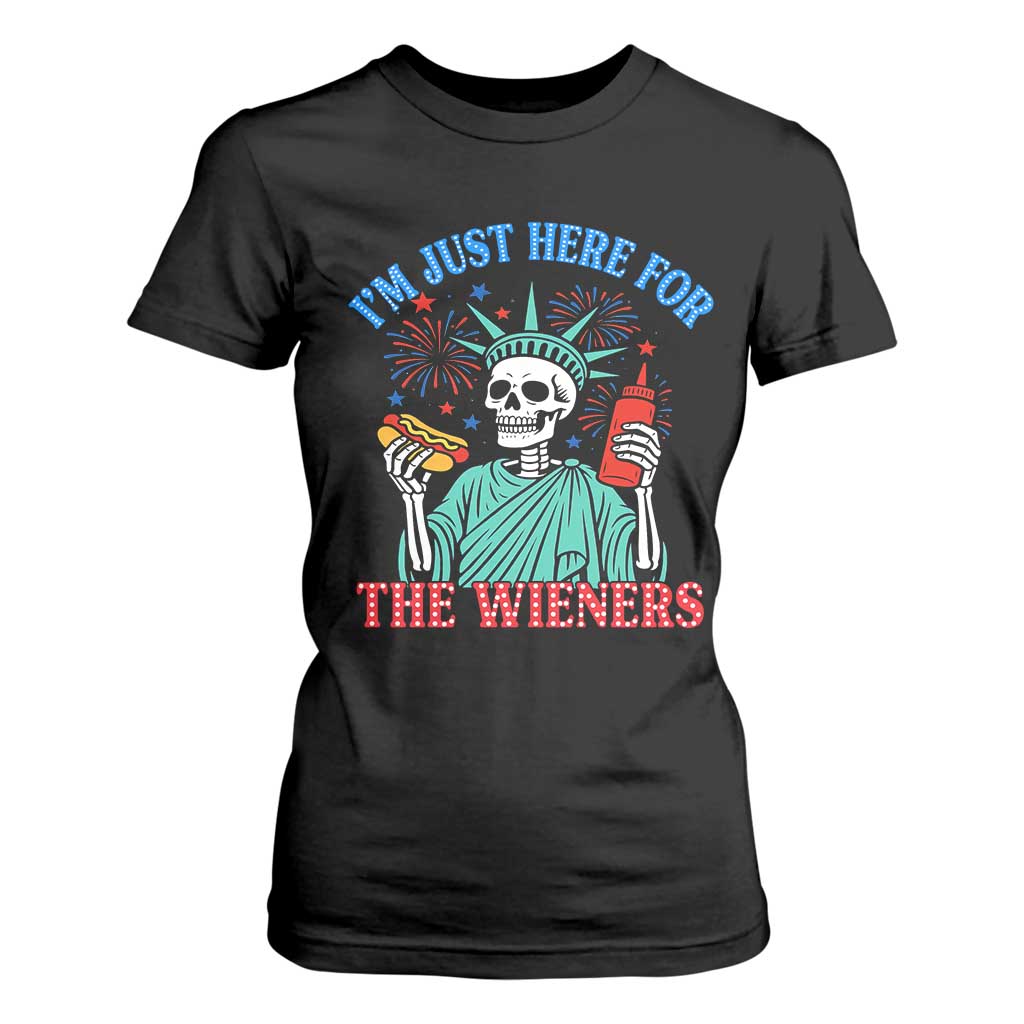 Funny Skeleton Lady Liberty T Shirt For Women I'm Just Here For The Wieners 4th Of July Hot Dog TS02 Black Print Your Wear