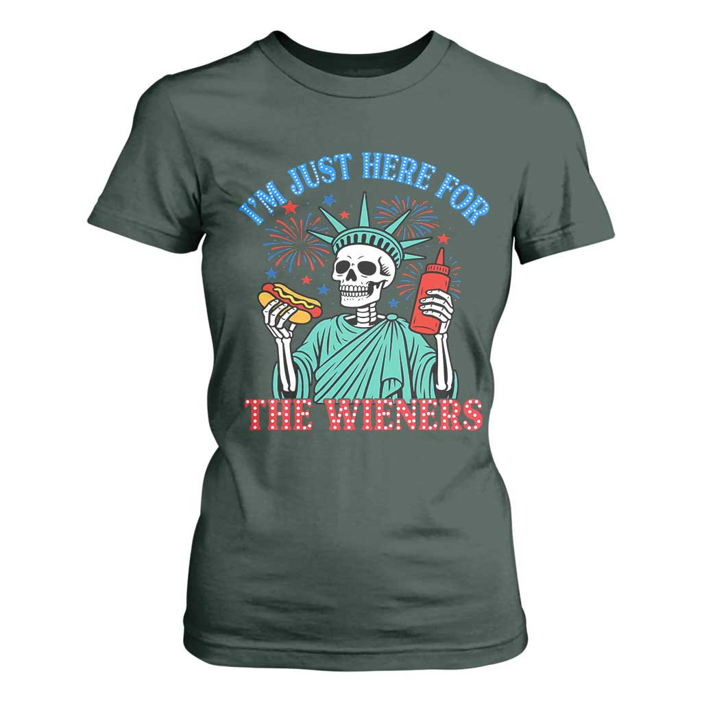 Funny Skeleton Lady Liberty T Shirt For Women I'm Just Here For The Wieners 4th Of July Hot Dog TS02 Dark Forest Green Print Your Wear