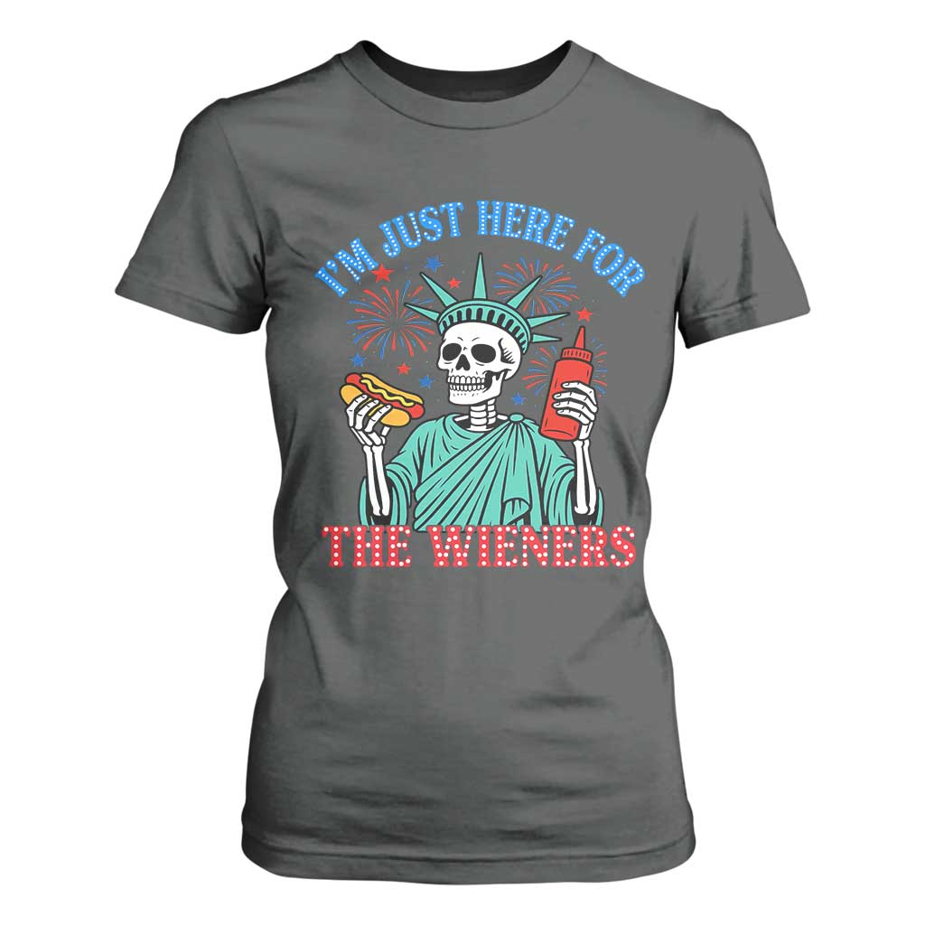Funny Skeleton Lady Liberty T Shirt For Women I'm Just Here For The Wieners 4th Of July Hot Dog TS02 Dark Heather Print Your Wear