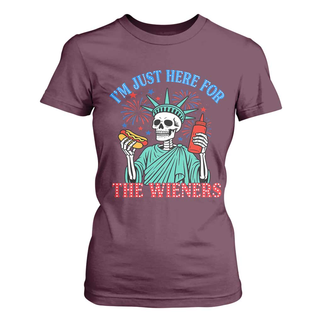 Funny Skeleton Lady Liberty T Shirt For Women I'm Just Here For The Wieners 4th Of July Hot Dog TS02 Maroon Print Your Wear