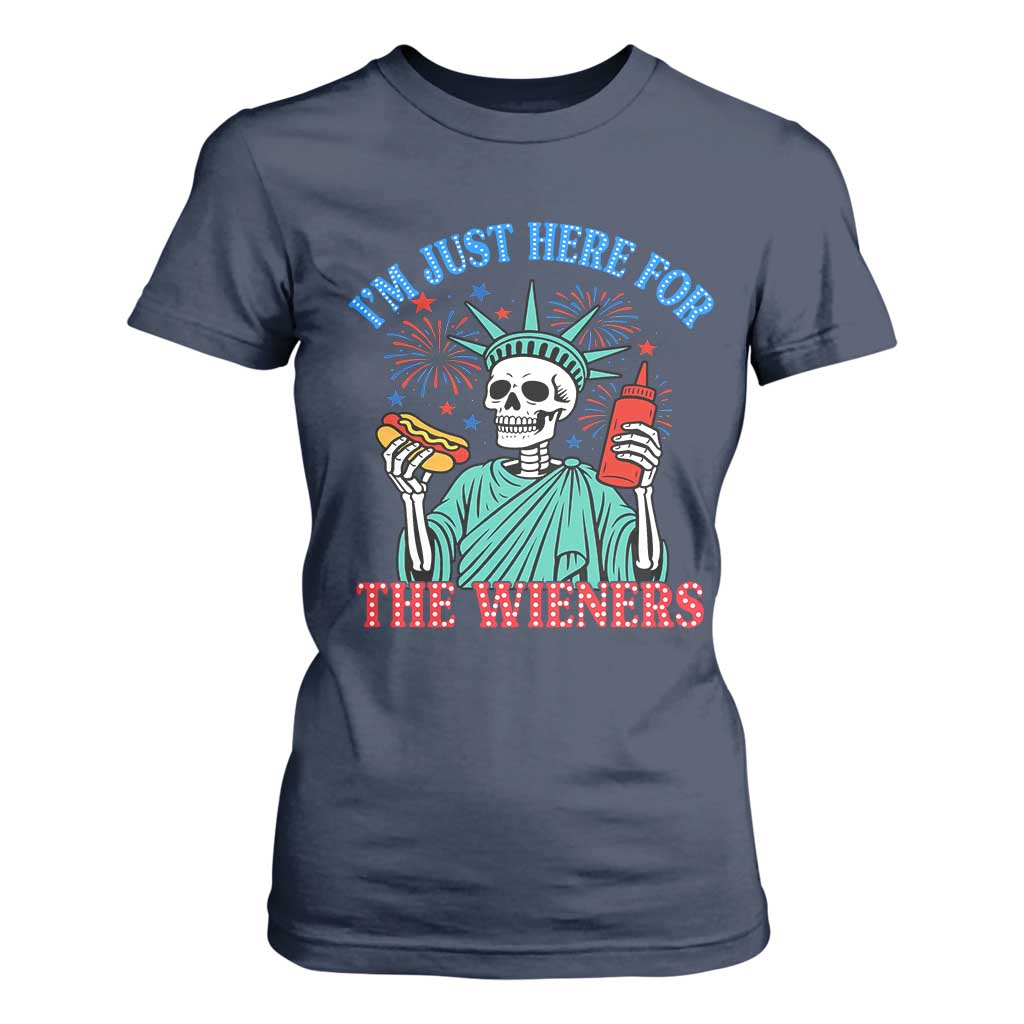 Funny Skeleton Lady Liberty T Shirt For Women I'm Just Here For The Wieners 4th Of July Hot Dog TS02 Navy Print Your Wear