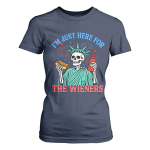 Funny Skeleton Lady Liberty T Shirt For Women I'm Just Here For The Wieners 4th Of July Hot Dog TS02 Navy Print Your Wear