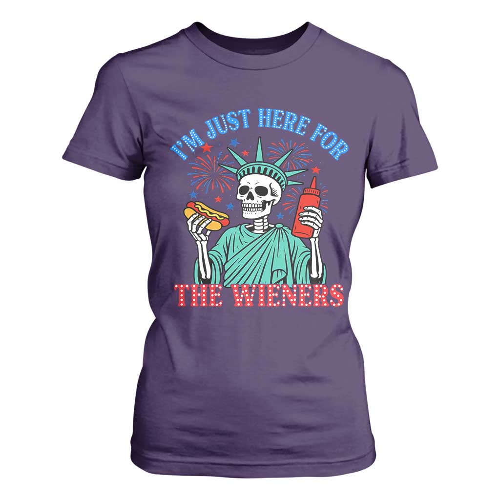 Funny Skeleton Lady Liberty T Shirt For Women I'm Just Here For The Wieners 4th Of July Hot Dog TS02 Purple Print Your Wear