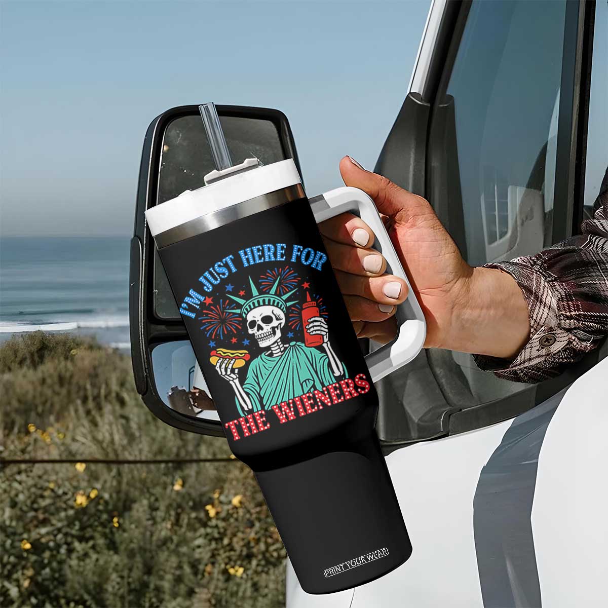 Funny Skeleton Lady Liberty Tumbler With Handle I'm Just Here For The Wieners 4th Of July Hot Dog TS02 Print Your Wear