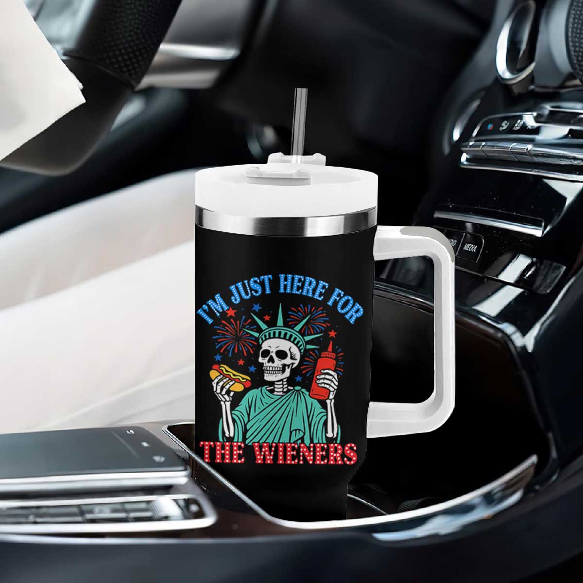 Funny Skeleton Lady Liberty Tumbler With Handle I'm Just Here For The Wieners 4th Of July Hot Dog TS02 Print Your Wear