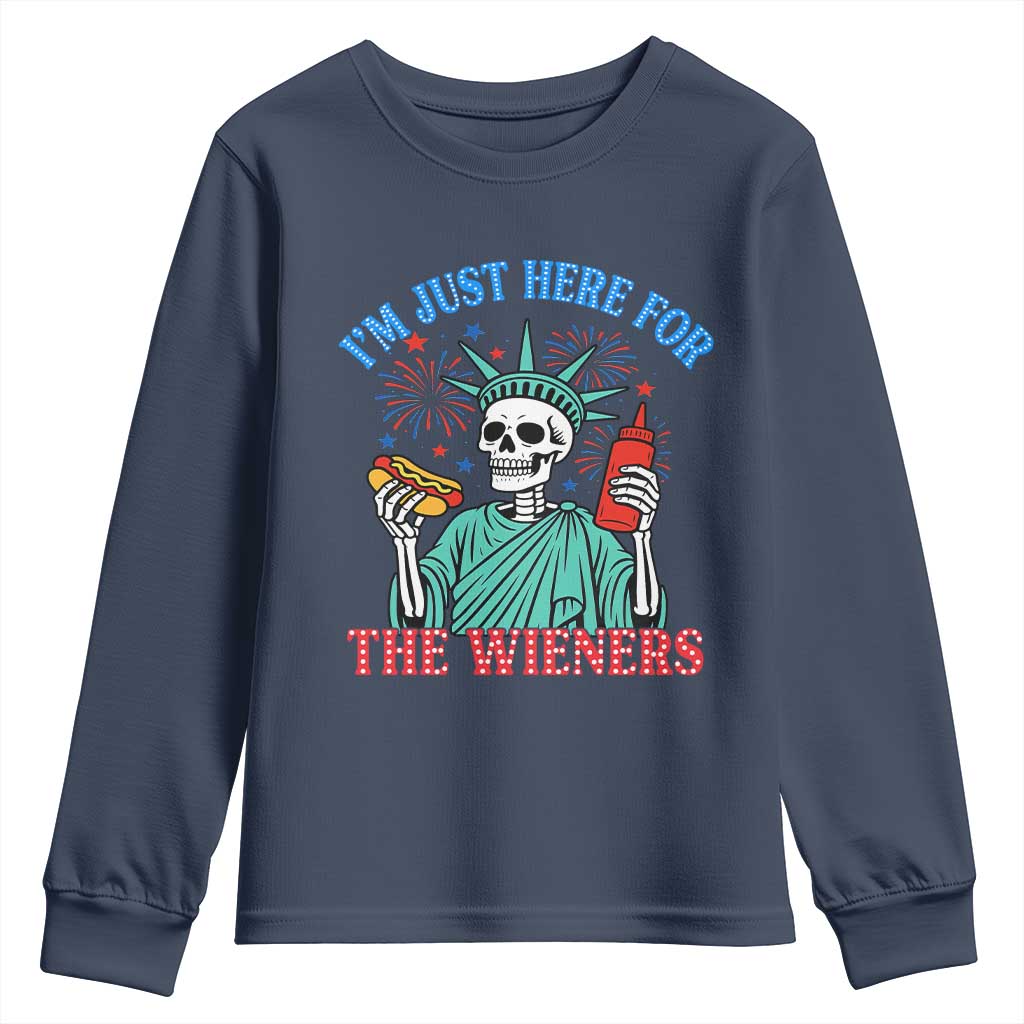 Funny Skeleton Lady Liberty Youth Sweatshirt I'm Just Here For The Wieners 4th Of July Hot Dog TS02 Navy Print Your Wear