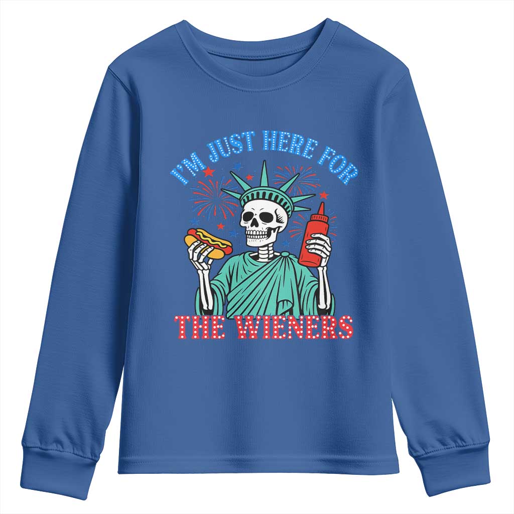 Funny Skeleton Lady Liberty Youth Sweatshirt I'm Just Here For The Wieners 4th Of July Hot Dog TS02 Royal Blue Print Your Wear
