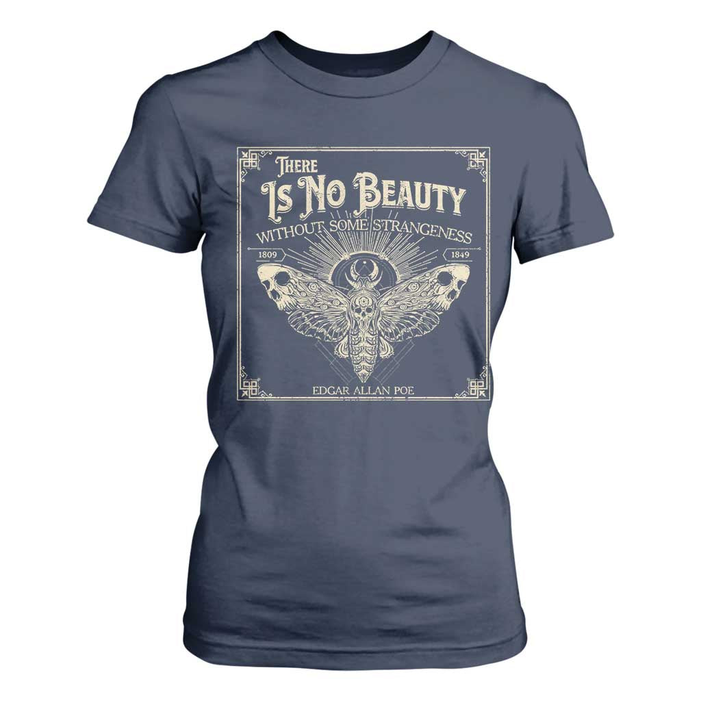 Funny Skull Moth T Shirt For Women There Is No Beauty Without Some Strangeness Edgar Poe TS11 Navy Print Your Wear