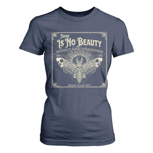 Funny Skull Moth T Shirt For Women There Is No Beauty Without Some Strangeness Edgar Poe TS11 Navy Print Your Wear