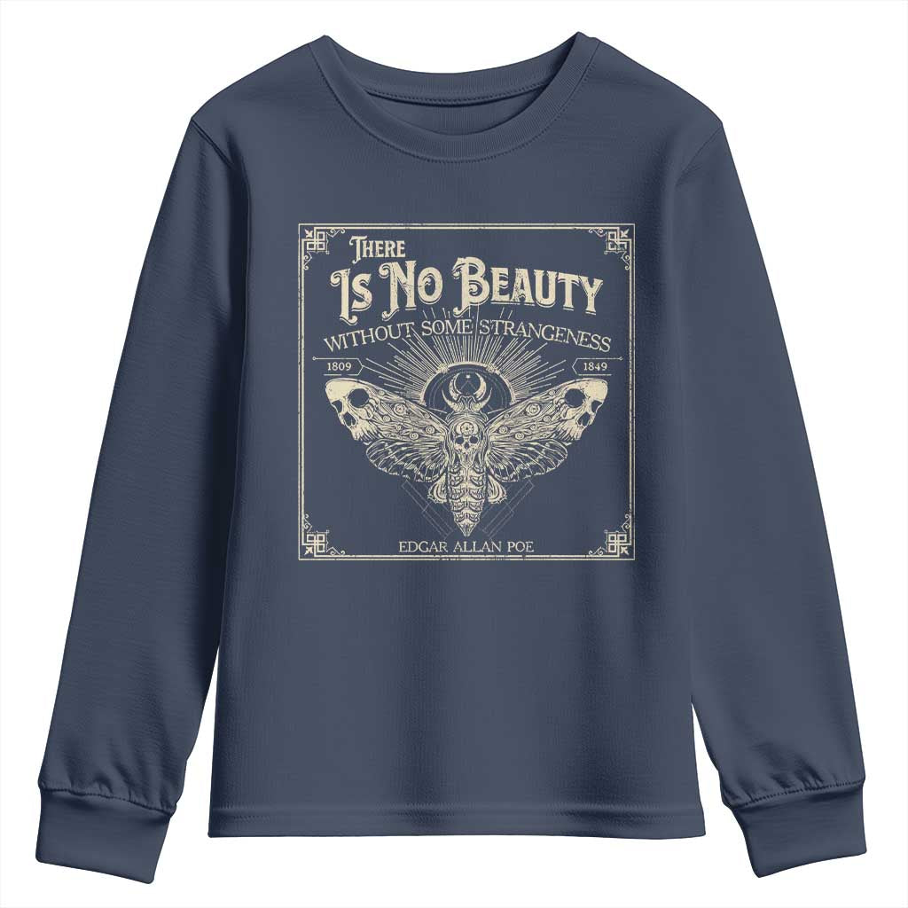 Funny Skull Moth Youth Sweatshirt There Is No Beauty Without Some Strangeness Edgar Poe TS11 Navy Print Your Wear