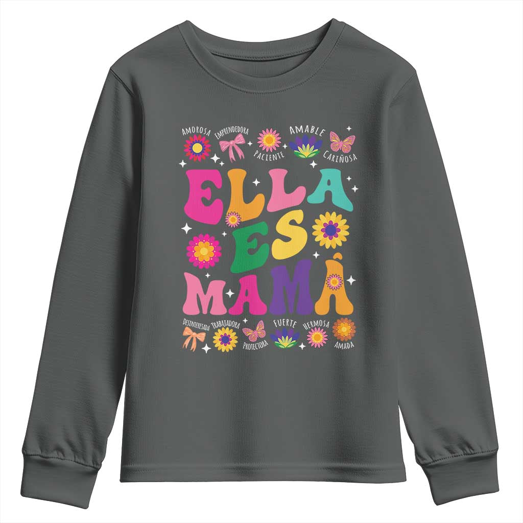 Funny Spanish Mom Youth Sweatshirt Ella Es Mama Latina Mother's Day TS11 Dark Heather Print Your Wear