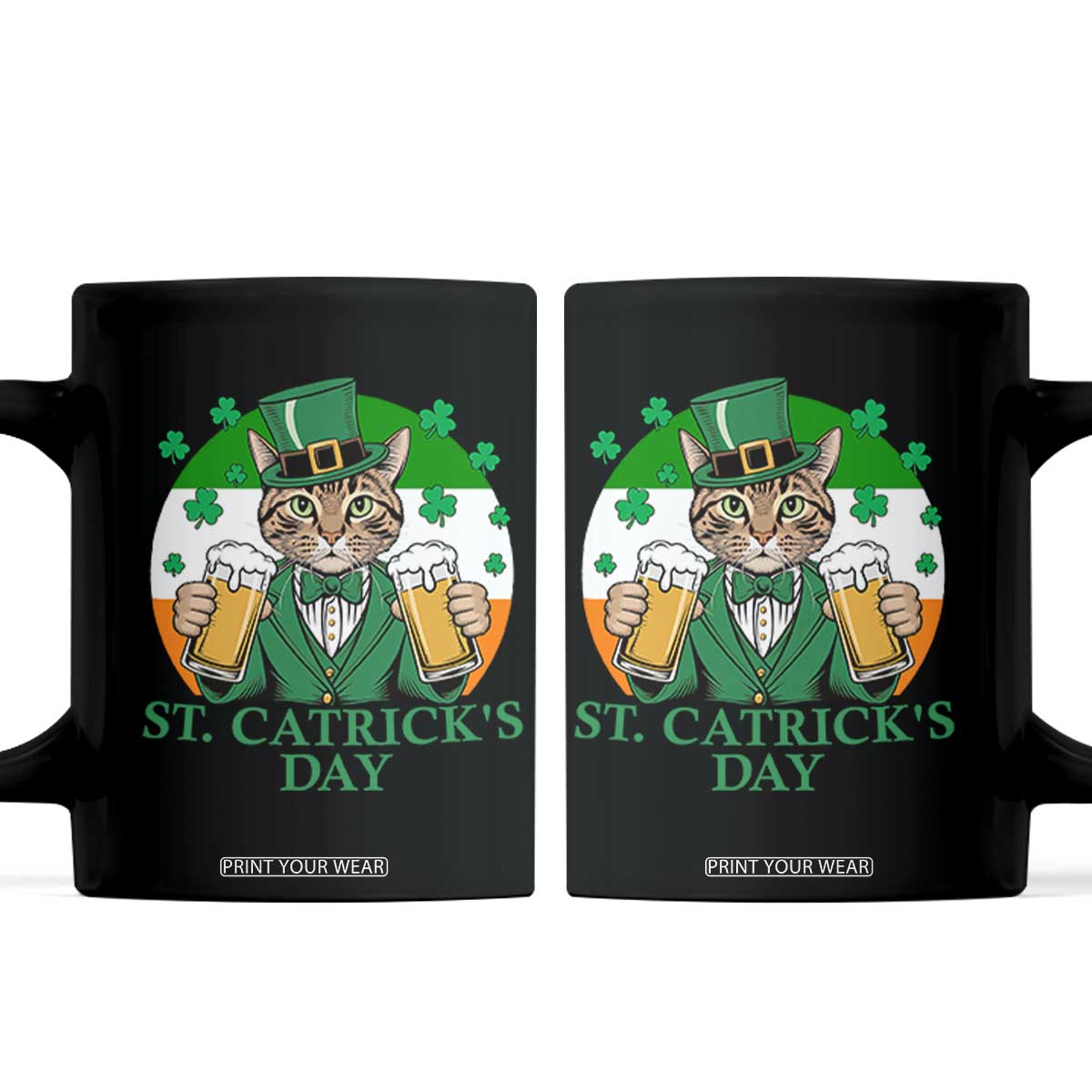 Funny St Catrick's Day Beer Coffee Mug St Patrick's Day Cat Beer Shamrock TS11 Black Print Your Wear