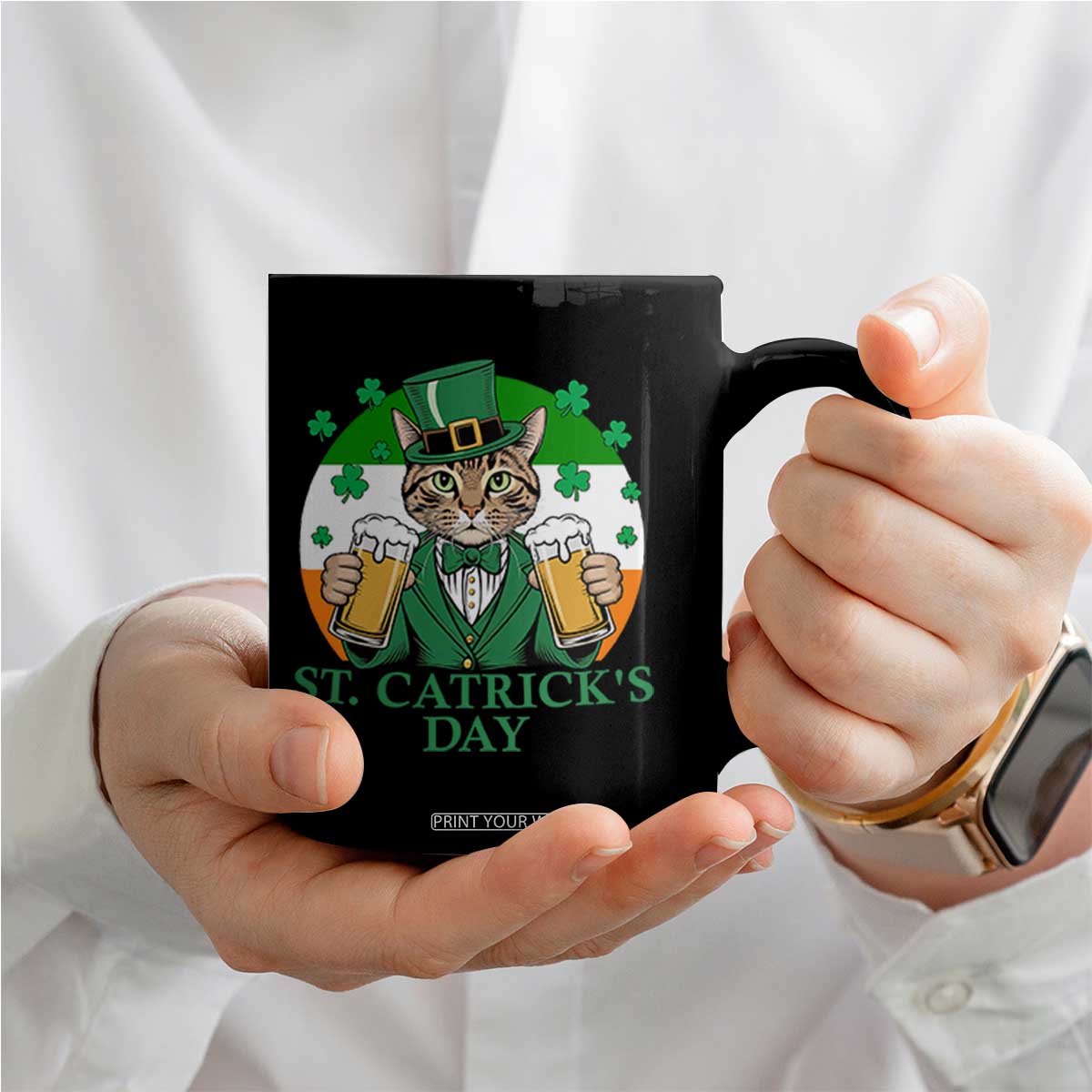 Funny St Catrick's Day Beer Coffee Mug St Patrick's Day Cat Beer Shamrock TS11 Print Your Wear