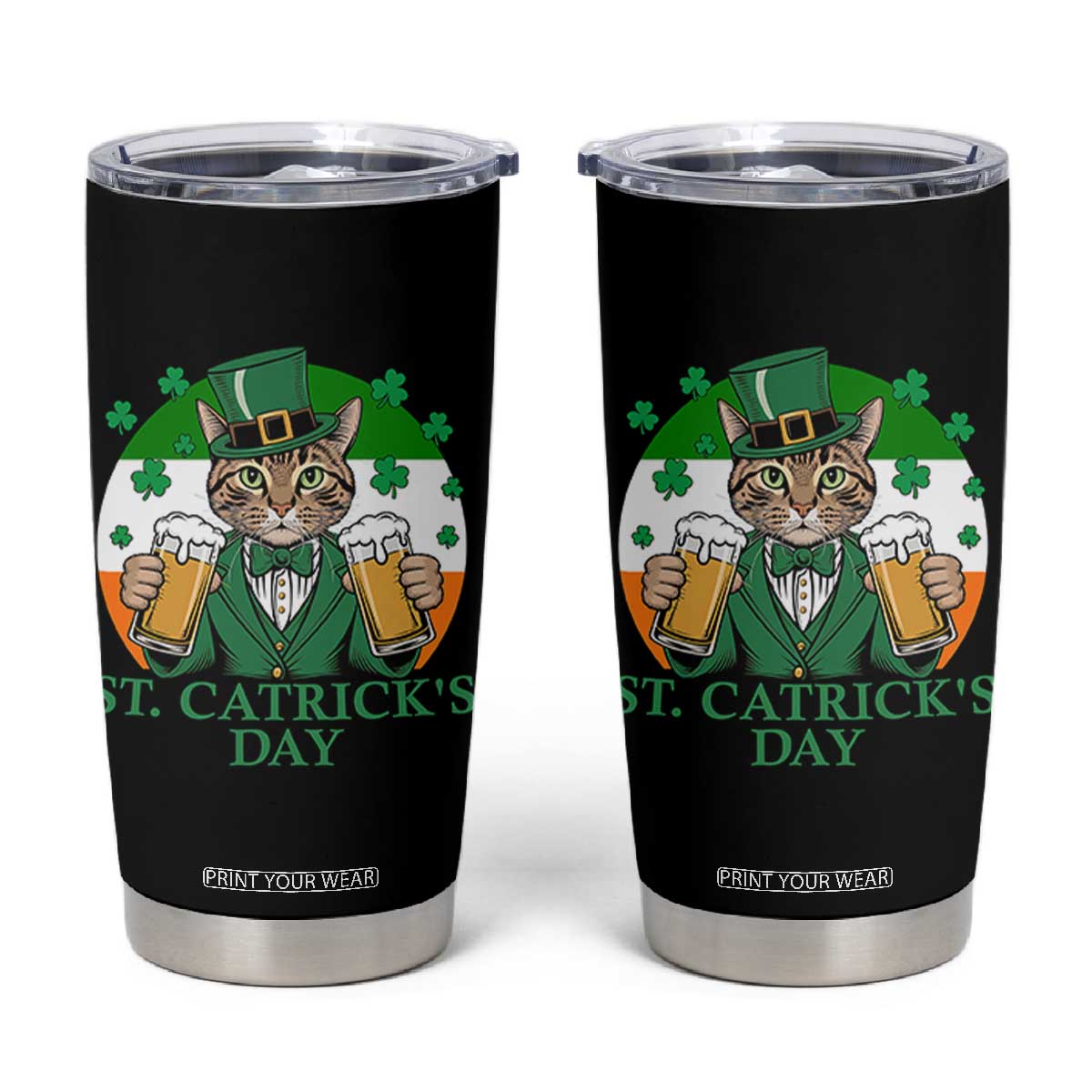 Funny St Catrick's Day Beer Tumbler Cup St Patrick's Day Cat Beer Shamrock TS11 Black Print Your Wear