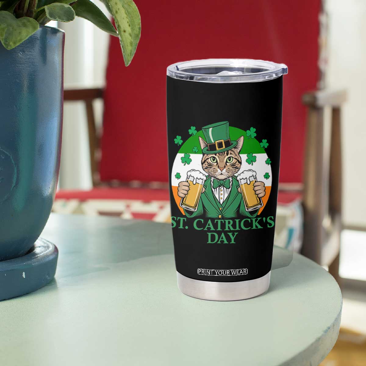 Funny St Catrick's Day Beer Tumbler Cup St Patrick's Day Cat Beer Shamrock TS11 Print Your Wear