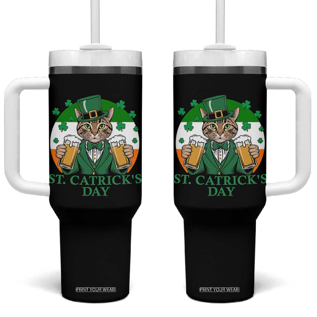 Funny St Catrick's Day Beer Tumbler With Handle St Patrick's Day Cat Beer Shamrock TS11 One Size: 40 oz Black Print Your Wear