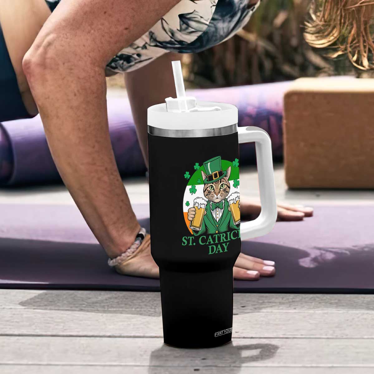 Funny St Catrick's Day Beer Tumbler With Handle St Patrick's Day Cat Beer Shamrock TS11 Print Your Wear
