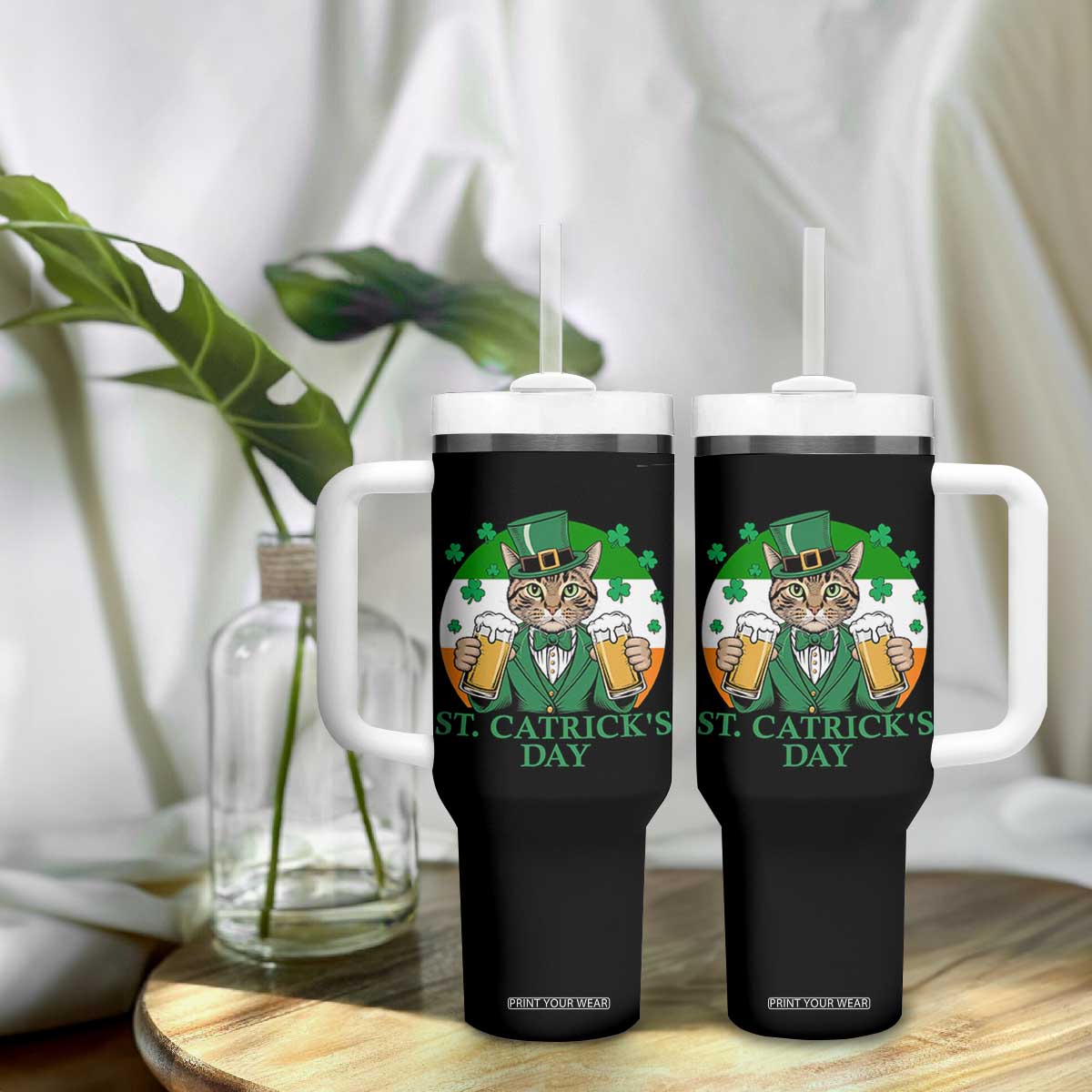 Funny St Catrick's Day Beer Tumbler With Handle St Patrick's Day Cat Beer Shamrock TS11 Print Your Wear