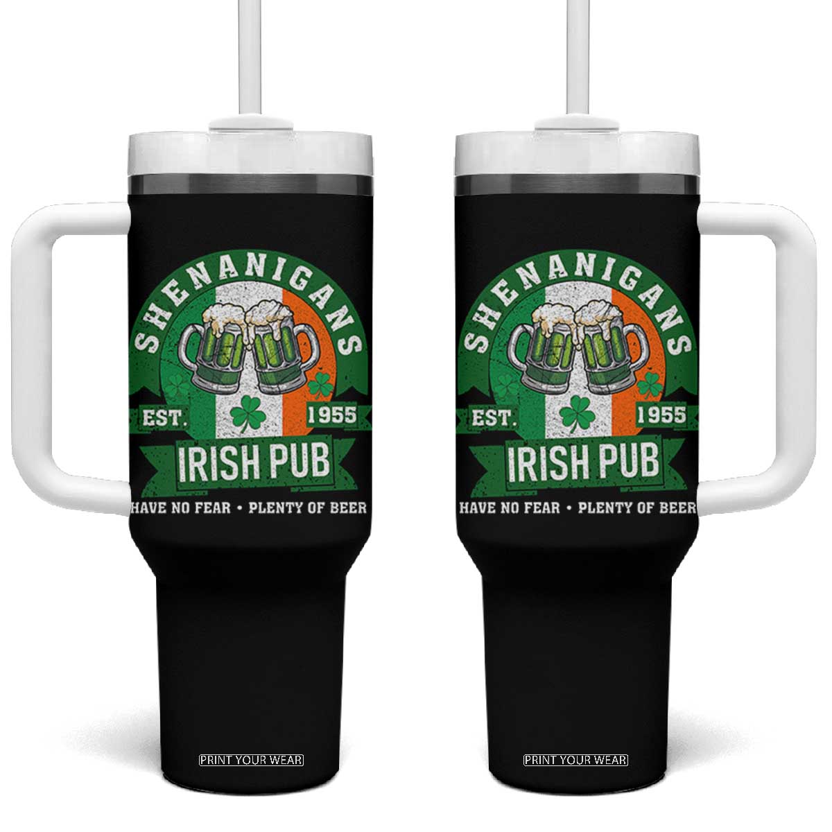 Funny St Patrick's Day Beer Drinking Tumbler With Handle Shenanigans Irish Pub Have No Fear Plenty Of Beer TS11 One Size: 40 oz Black Print Your Wear