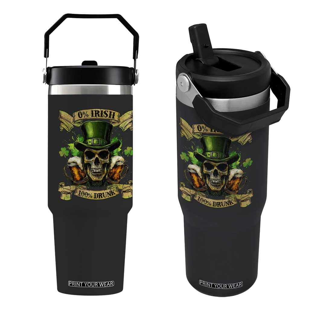 Funny St Patrick's Day Irish Beer Drinking Flip Straw Tumbler 0% Irish 100% Drunk Skull TS11 One Size: 30 oz Black Print Your Wear