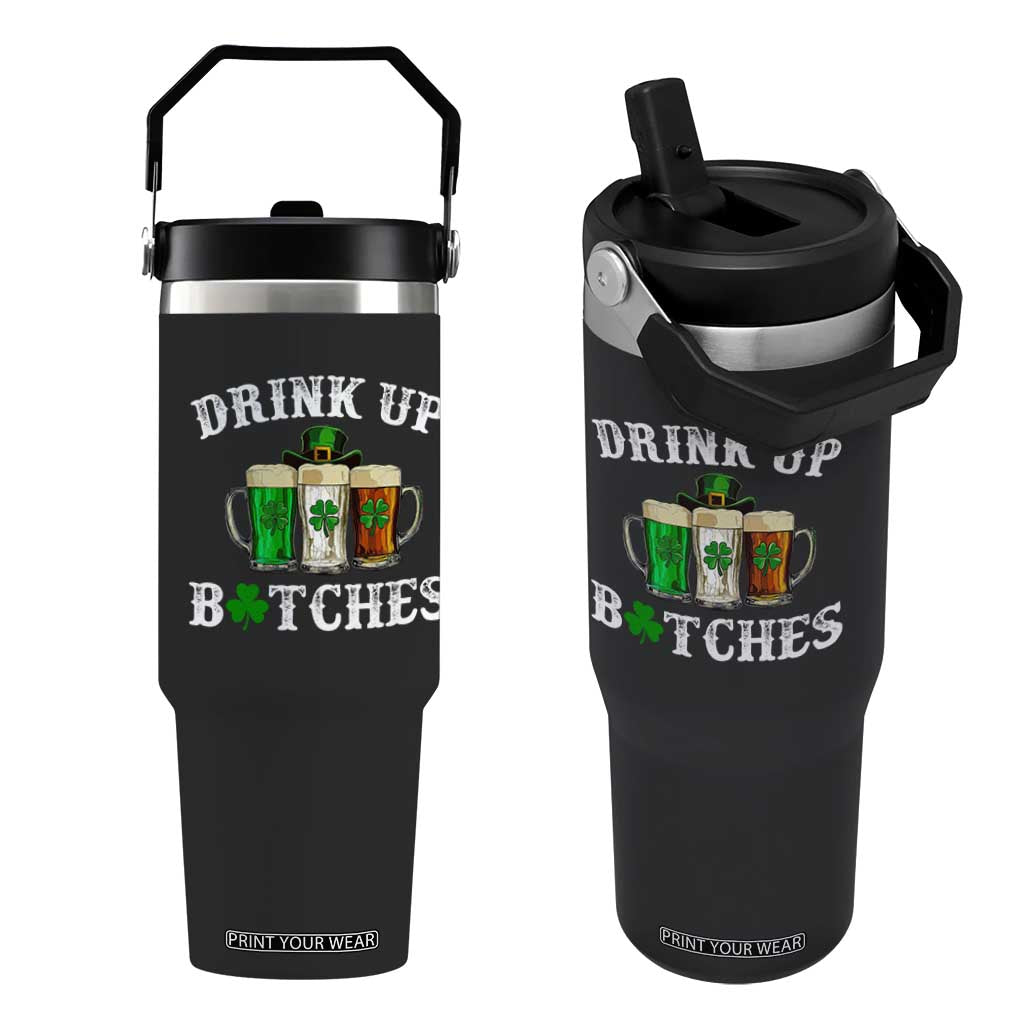Funny St Patrick's Day Irish Beer Drinking Flip Straw Tumbler Drink Up Bitches Ireland Flag TS11 One Size: 30 oz Black Print Your Wear