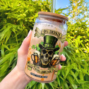 Funny St Patrick's Day Irish Beer Drinking Glass Can 0% Irish 100% Drunk Skull TS11 Print Your Wear