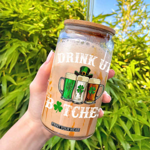 Funny St Patrick's Day Irish Beer Drinking Glass Can Drink Up Bitches Ireland Flag TS11 Print Your Wear