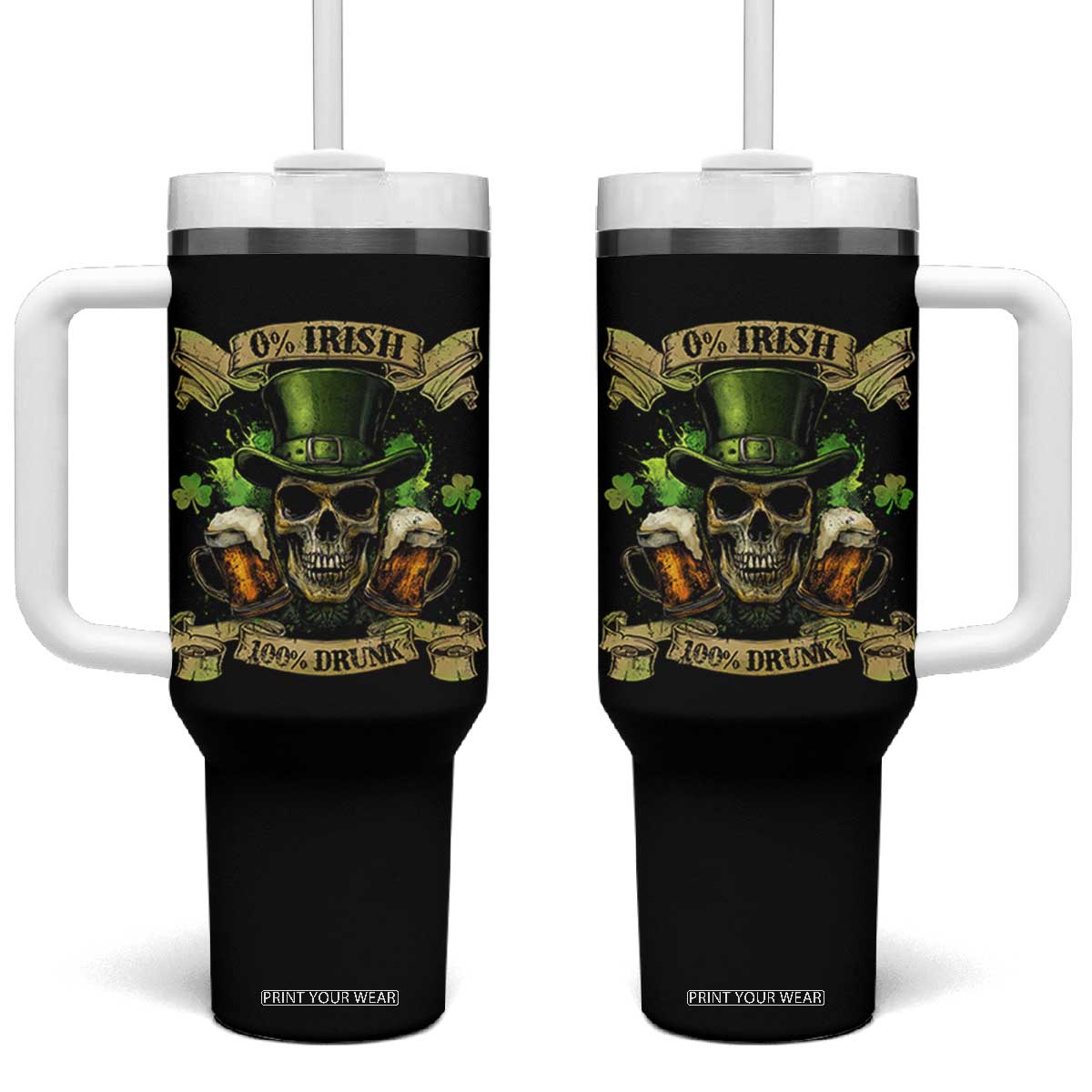 Funny St Patrick's Day Irish Beer Drinking Tumbler With Handle 0% Irish 100% Drunk Skull TS11 One Size: 40 oz Black Print Your Wear