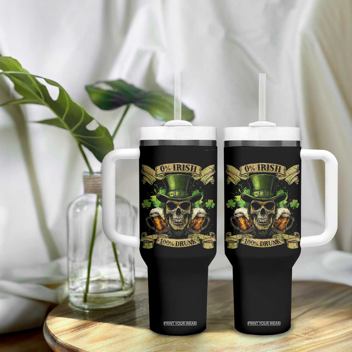 Funny St Patrick's Day Irish Beer Drinking Tumbler With Handle 0% Irish 100% Drunk Skull TS11 Print Your Wear