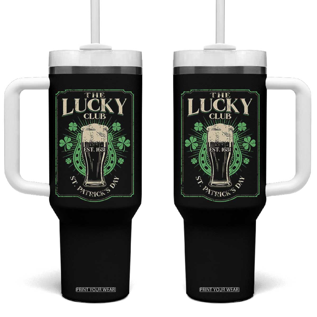 Funny St Patrick's Day Irish Beer Drinking Tumbler With Handle The Lucky Beer Club Horseshoe TS11 One Size: 40 oz Black Print Your Wear