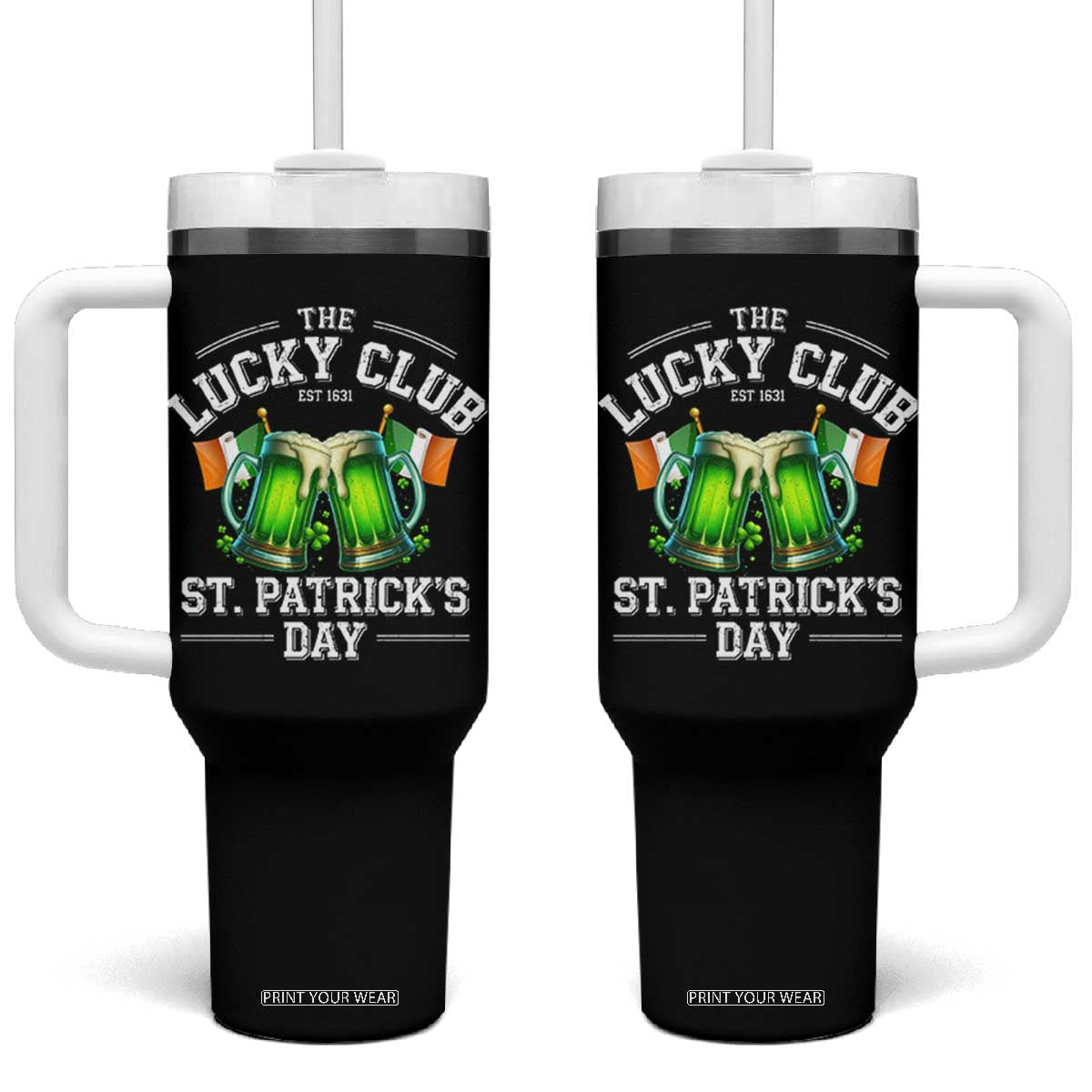 Funny St Patrick's Day Irish Beer Drinking Tumbler With Handle The Lucky Beer Club Ireland Flag TS11 One Size: 40 oz Black Print Your Wear