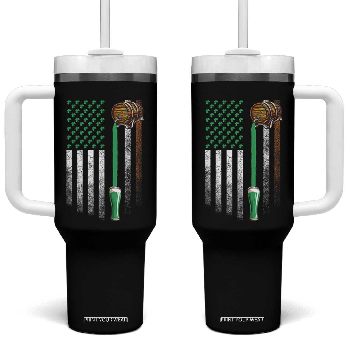 Funny St Patrick's Day Irish Beer Drinking Tumbler With Handle Vintage Irish American Flag TS11 One Size: 40 oz Black Print Your Wear