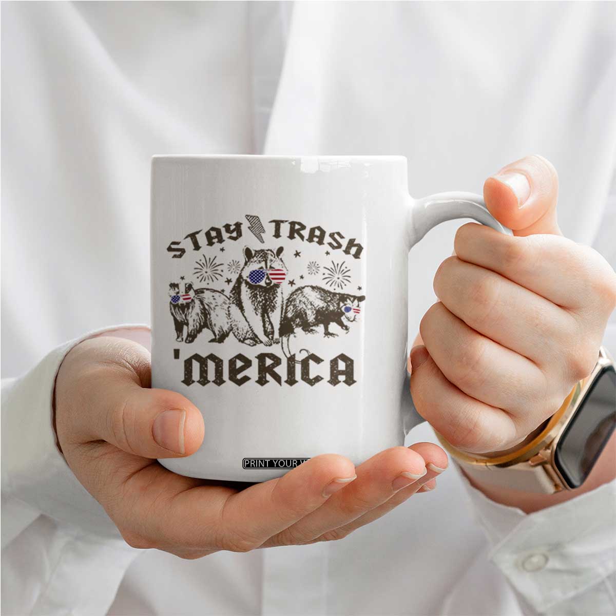 Funny Stay Trash Merica Coffee Mug 4th Of July Racoon Opossum Badger TS11 Print Your Wear