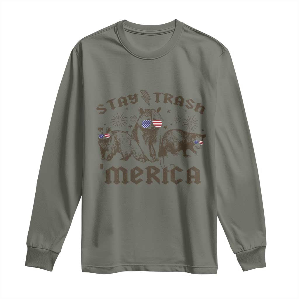 Funny Stay Trash Merica Long Sleeve Shirt 4th Of July Racoon Opossum Badger TS11 Military Green Print Your Wear