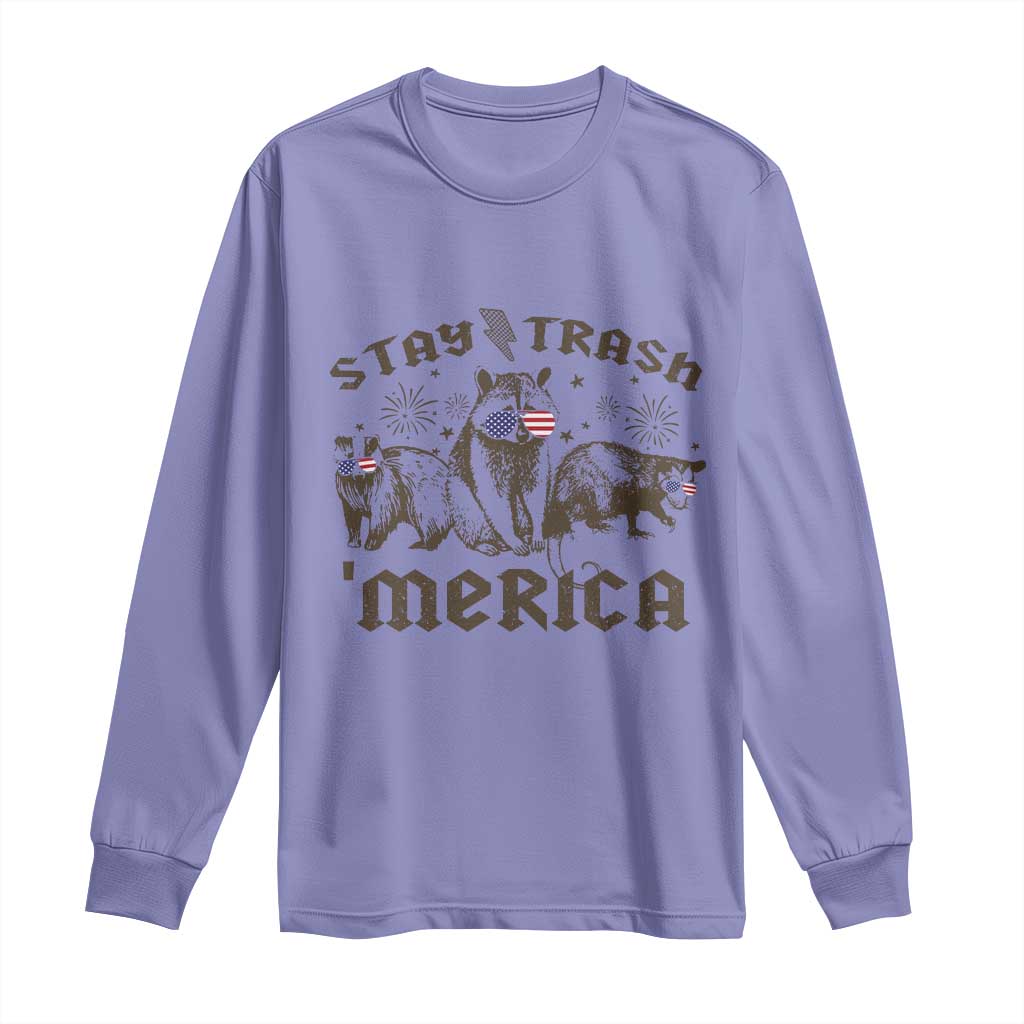 Funny Stay Trash Merica Long Sleeve Shirt 4th Of July Racoon Opossum Badger TS11 Violet Print Your Wear