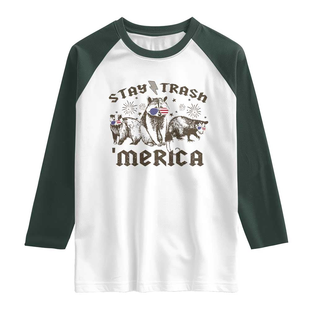 Funny Stay Trash Merica Raglan Shirt 4th Of July Racoon Opossum Badger TS11 White Dark Forest Green Print Your Wear